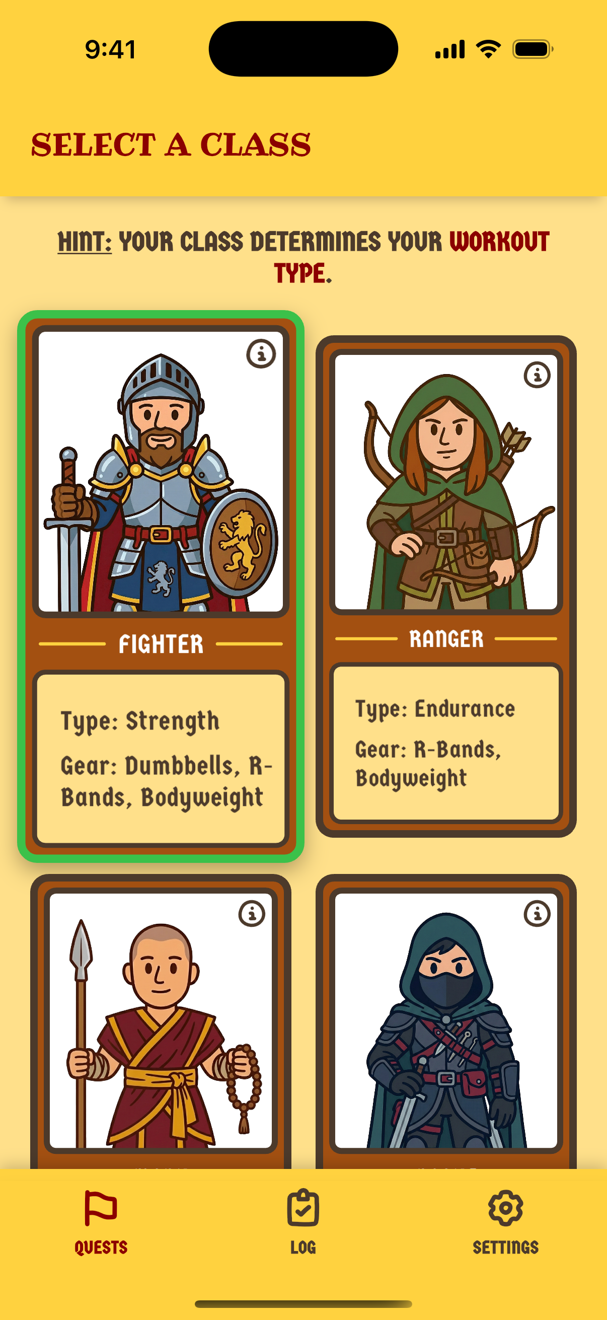 Class selection screen